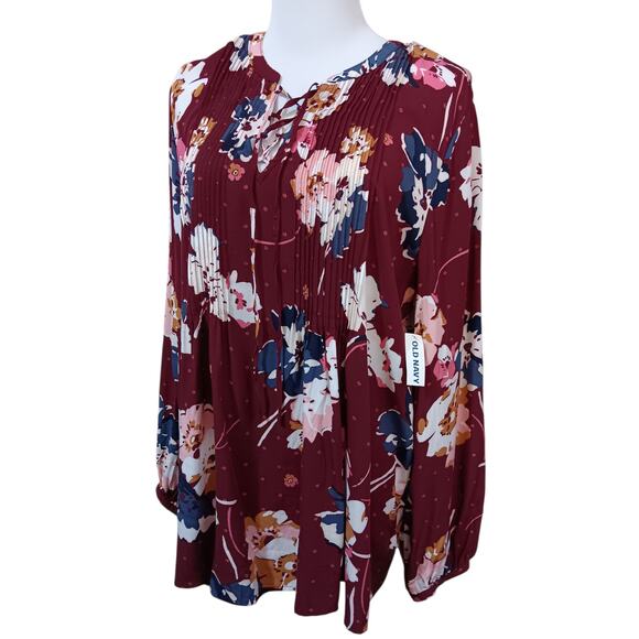 NEW OLD NAVY Burgundy Floral Boho Peasant Top Blouse Tunic Large Flowy Tucks - Picture 7 of 9